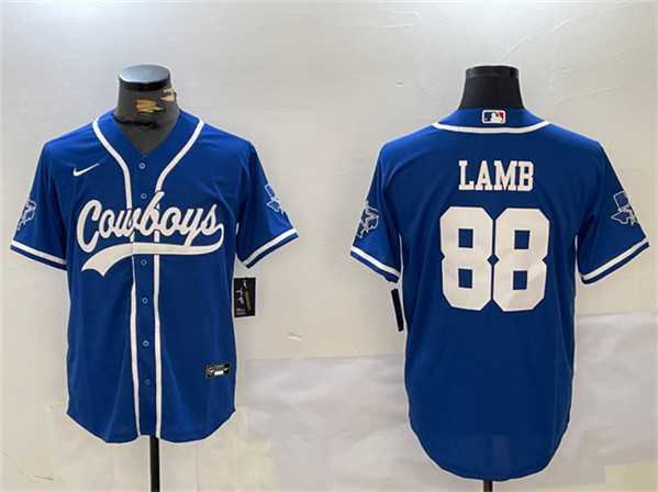 Mens Dallas Cowboys #88 CeeDee Lamb Royal With Patch Cool Base Stitched Baseball Jersey